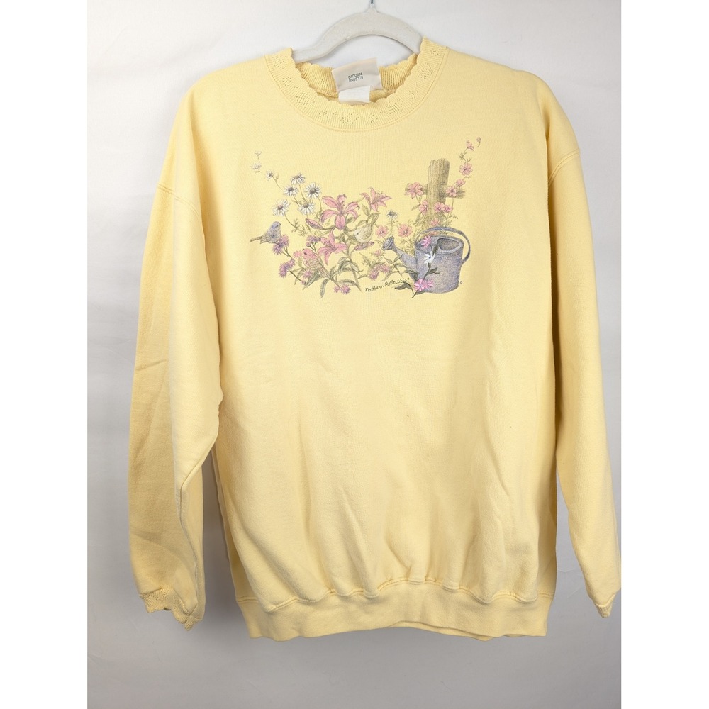 Vintage 90s Northern Reflections Floral Bird Garden Sweatshirt L Yellow Cottage